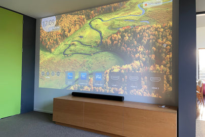 Optoma UHZ50 projector retrofitted into a Halswell living room with Sonos ARC soundbar
