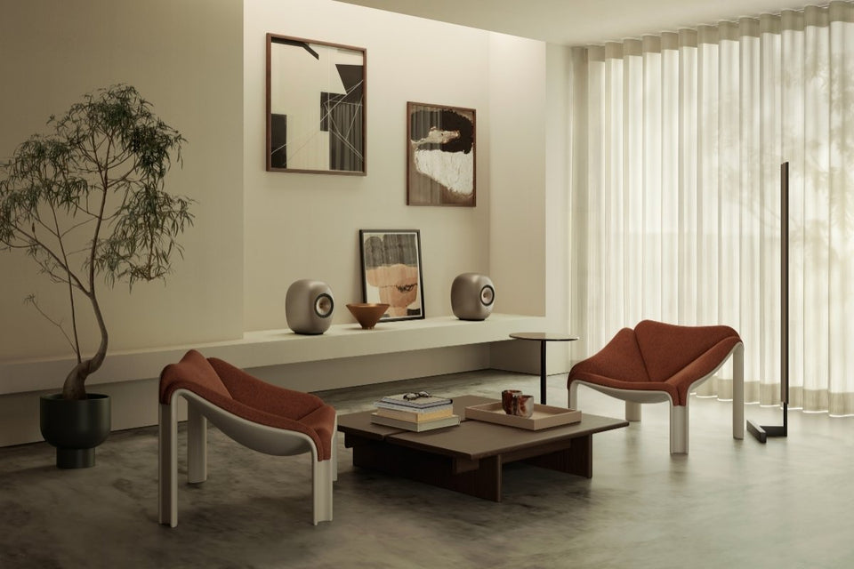 KEF LS LUXE wireless speakers in Dusk Titanium finish, styled in a living room